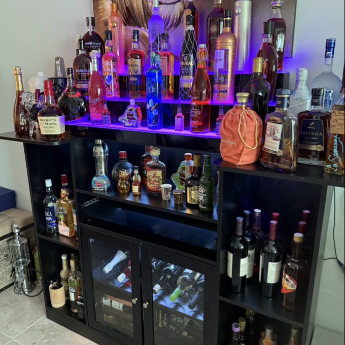 Wrought Studio™ Kodeah 62.99'' Bar Table Cabinet with LED & Drawer